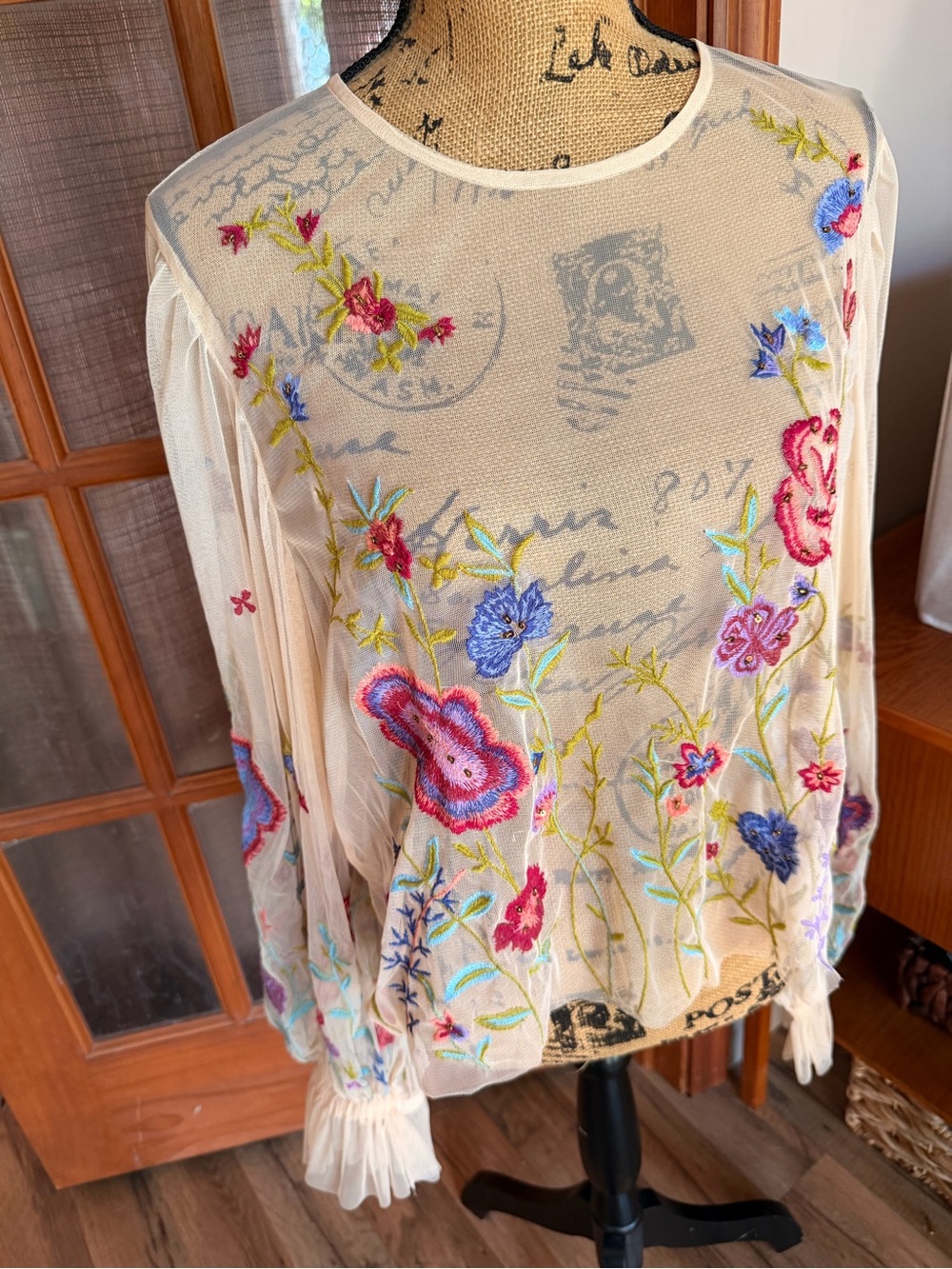 Anthropologie Cream Sheer Embroidered Floral Blouse
